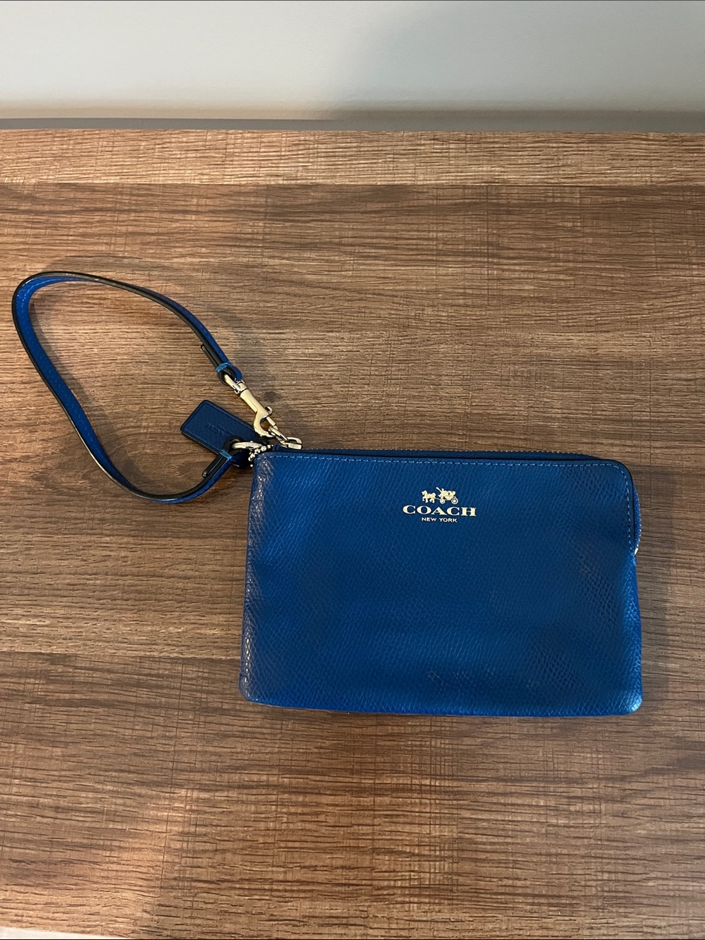 Coach Royal Blue Leather Wristlet Clutch with Gold Hardware
